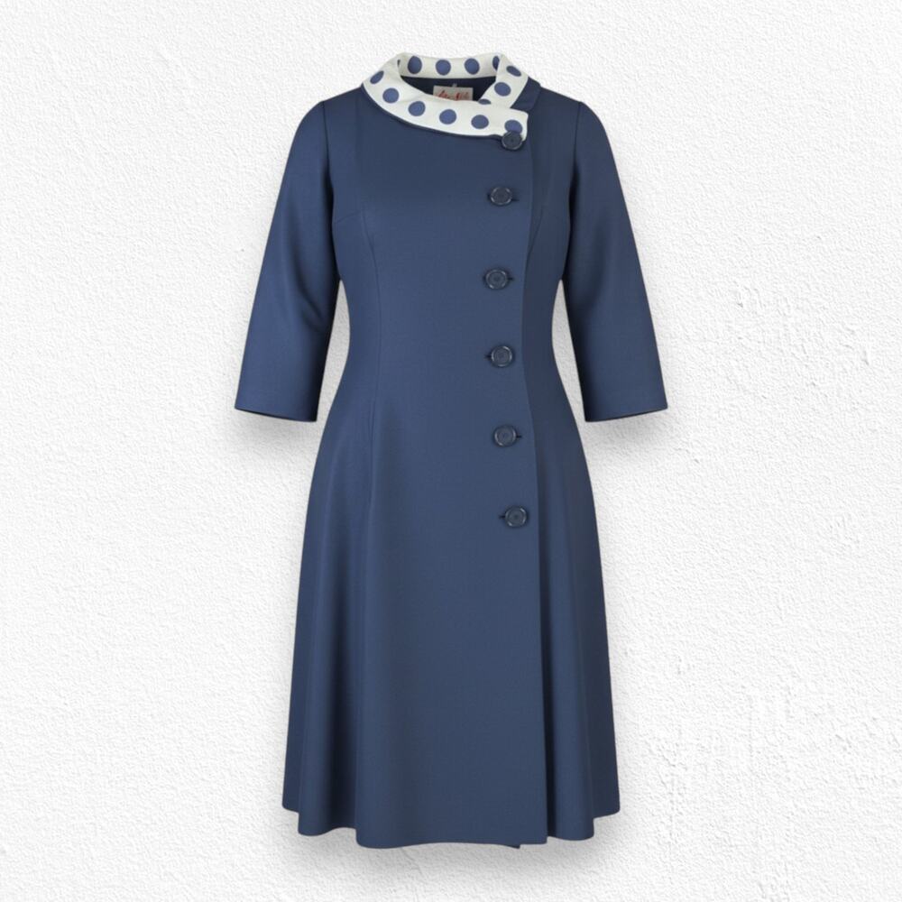 Vintage 1950s Navy Polka Dot Collar Asymmetrical Buttons Flare Dress Size Small
